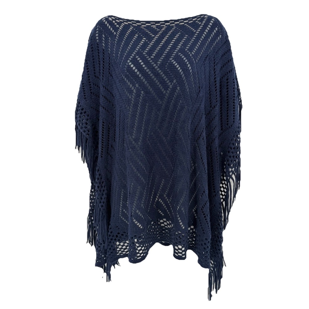 Y2K OS Navy‎ Blue Open Knit Crochet Poncho Fringe Festival Boho Whimsigoth Fairy